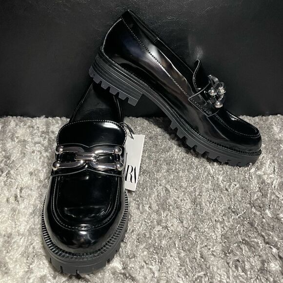 NWT Zara Lug Sole Embellished Loafers - Picture 1 of 12
